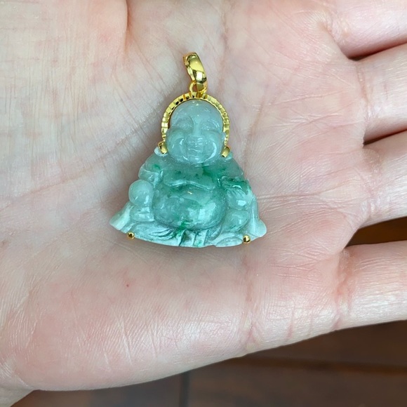 14k Real Gold Laughing Buddha Jade Pendant Luck